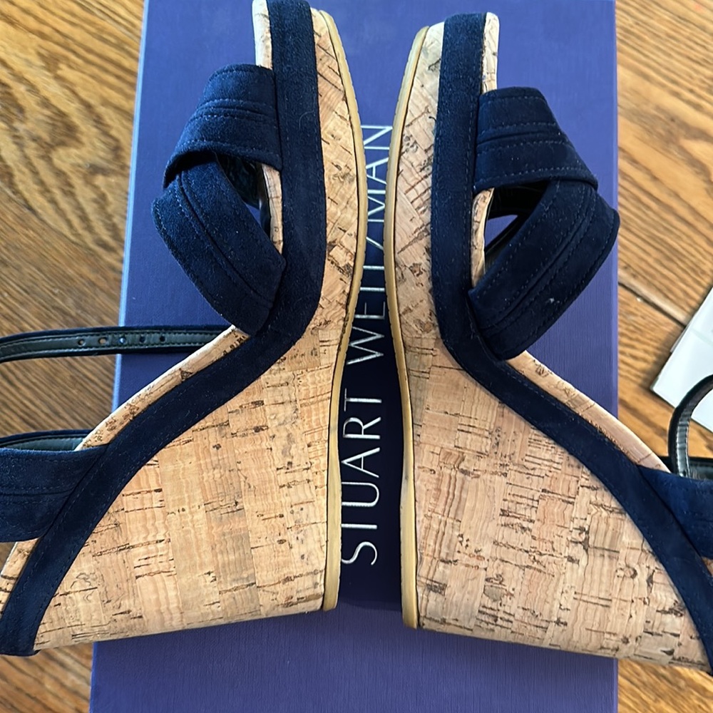Stuart Weitzman Navy Fabric Cork Platform Wedge Sandals - Picture 8 of 10